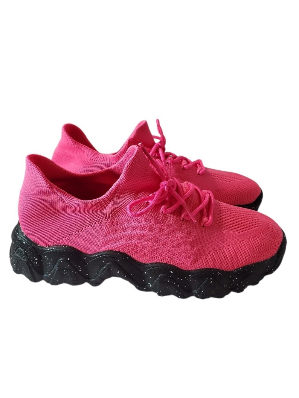 Hot Pink Knit Lace-Up Sneakers with Black Speckled Sole Slip On Size 41 EU 10 US